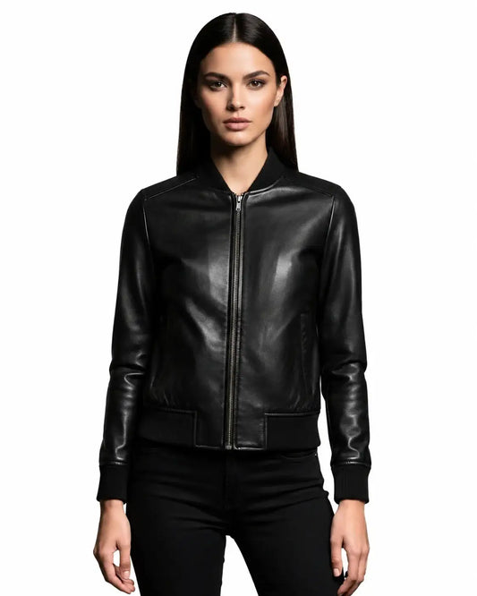 Woman wearing a black leather bomber jacket by Zhim Leather Creations.