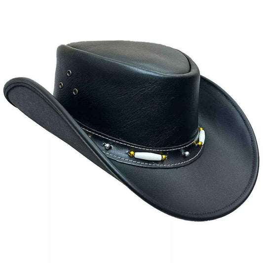 Black Leather Cowboy Hat Bone & Gold Beaded Band