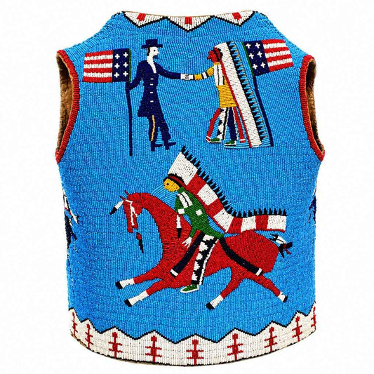 Handcrafted blue suede leather vest with colorful beaded Native American heritage patterns.