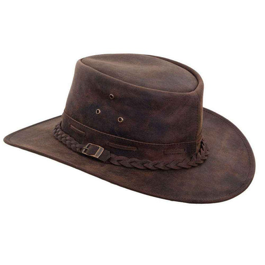 Distressed Leather Outback Hat Braided Buckle Band Ventilated