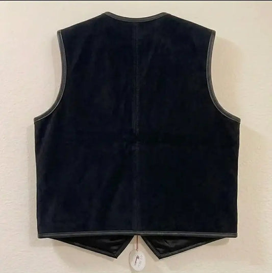 Back view of a handcrafted black suede leather vest by Zhim Leather Creations.