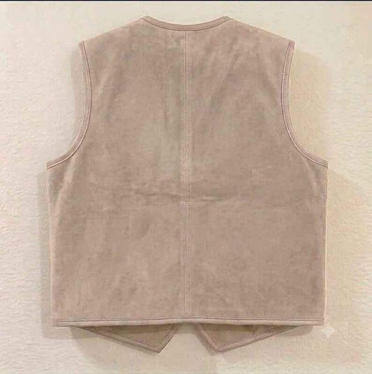 Back view of a handcrafted beige suede leather vest from Zhim Leather Creations