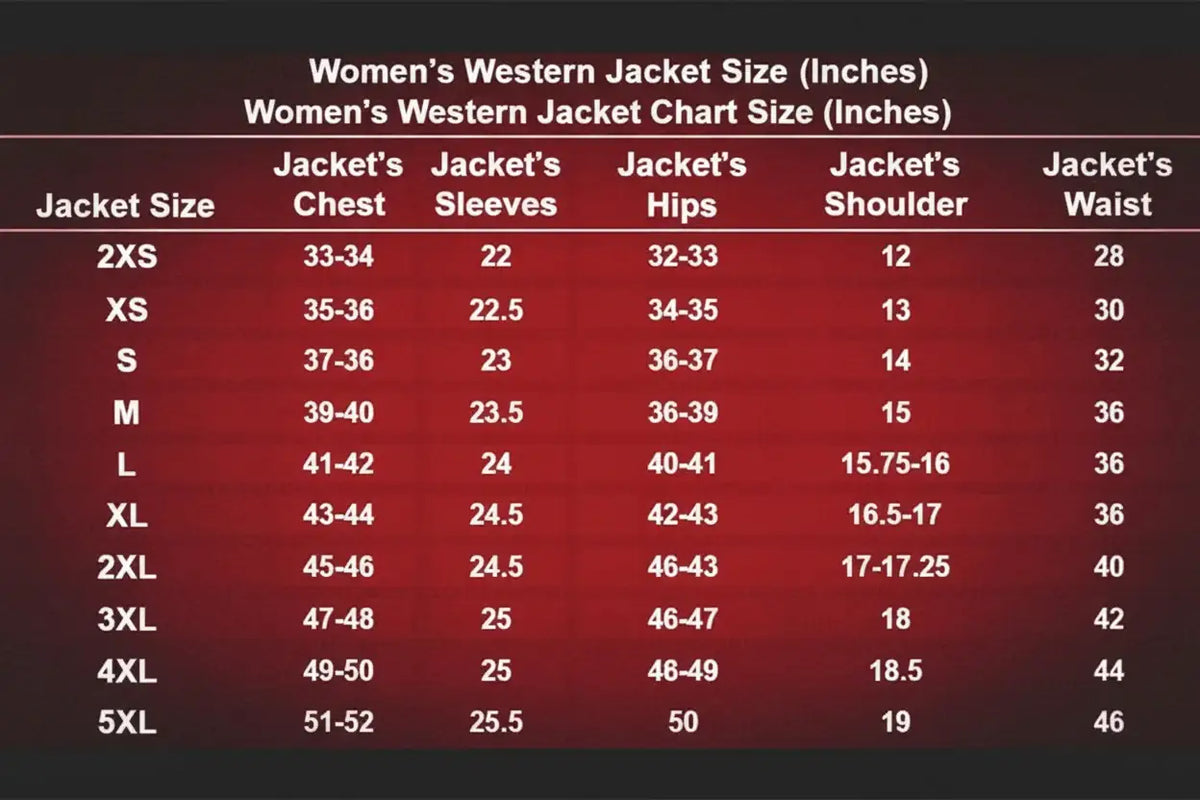 Women's Western jacket size chart with chest, sleeves, hips, shoulder, and waist measurements.
