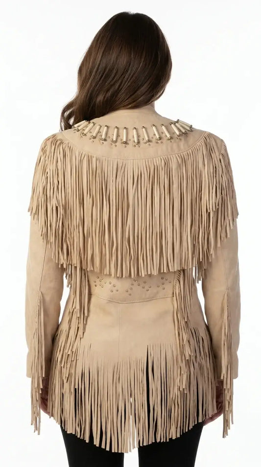 Women's beige suede fringe leather jacket with beadwork detailing by Zhim Leather Creations