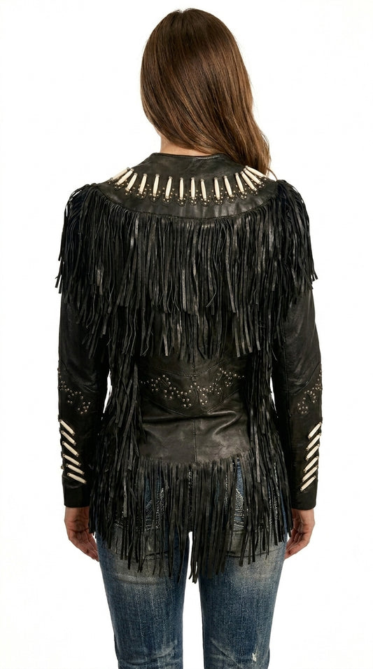 Women Fringe Beaded Leather Jacket -ZLC-WWJ-2039