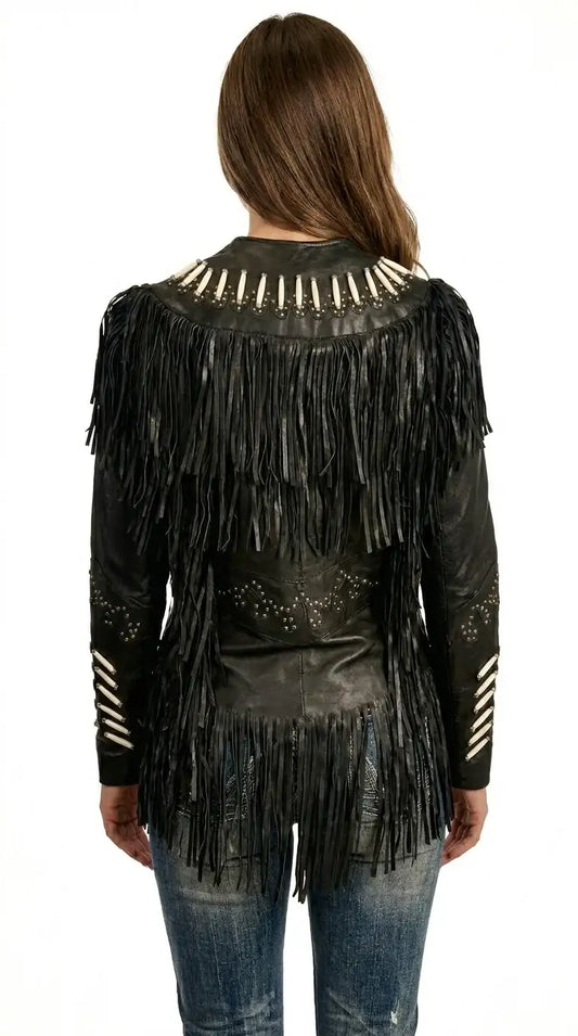 Back view of Zhim Leather Creations women's black leather jacket with fringe and beadwork.