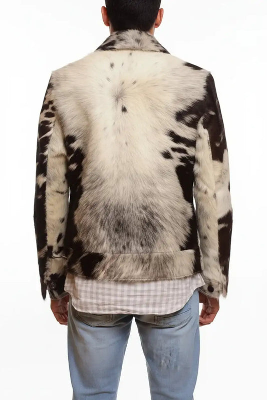 Back view of a Zhim Leather Creations men's hair-on ponyhair cowhide leather jacket.