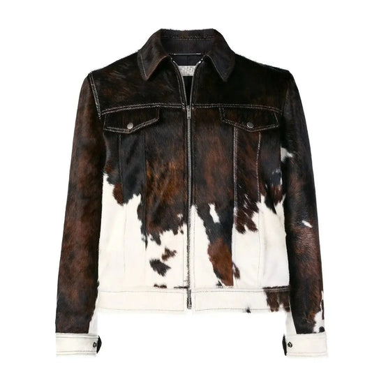 Handmade brown and white cowhide hairon ponyhair jacket by Zhim Leather Creations