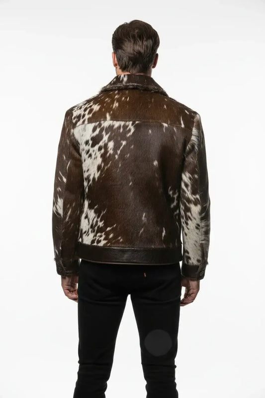 Back view of a brown and white hair-on cowhide jacket by Zhim Leather Creations