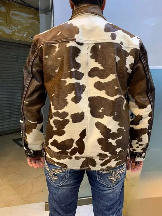 Back view of a Zhim Leather Creations pony hair cowhide leather jacket in brown and white.