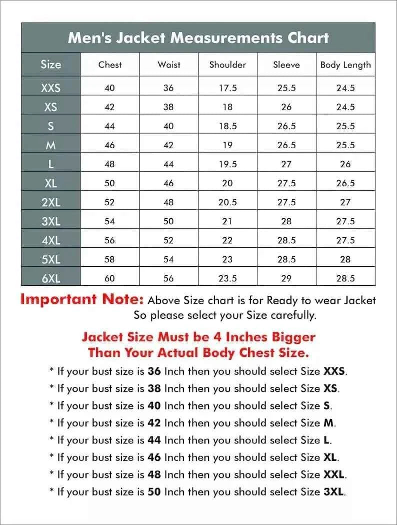 Men's jacket measurements chart with size guide and important notes.