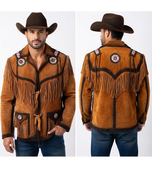 Brown suede cowboy jacket with fringes and patches on a white background