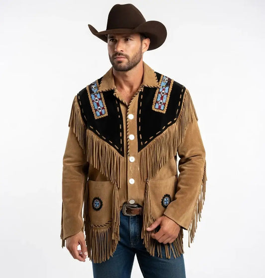 Man wearing a Zhim Leather Creations brown suede fringe western cowboy jacket and brown hat