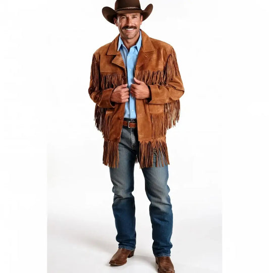 Man wearing a brown suede fringe jacket and cowboy hat by Zhim Leather Creations