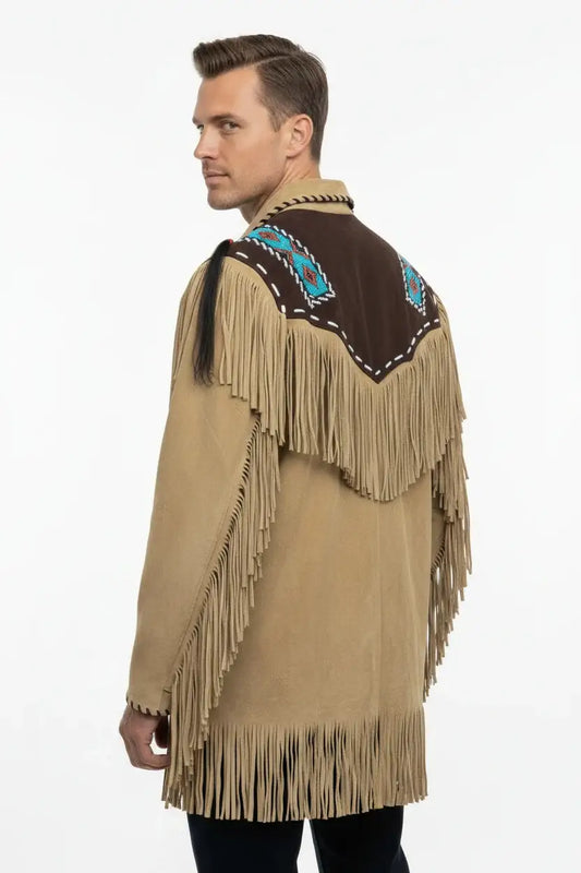 Back view of a man wearing a Zhim Leather Creations tan suede fringe jacket with turquoise beadwork.