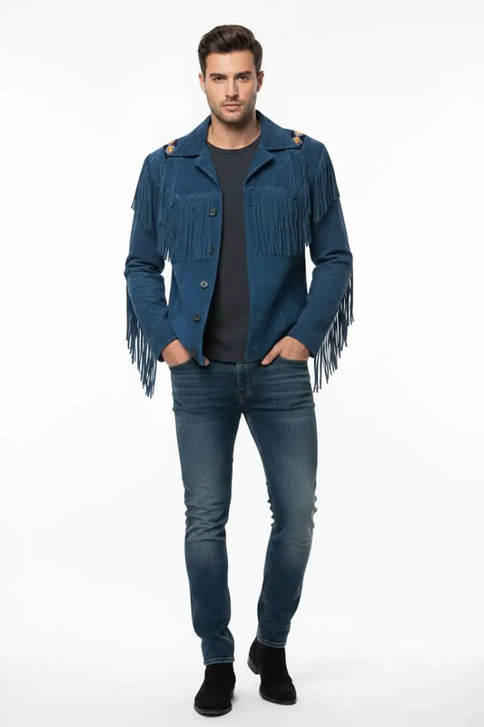 Man wearing a Zhim Leather Creations turquoise suede fringe western jacket and jeans.