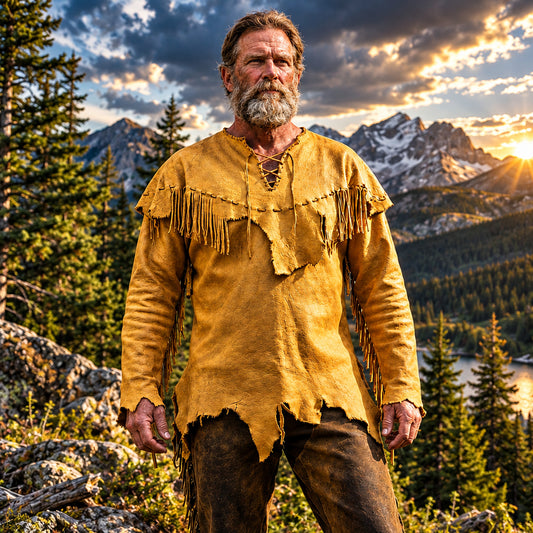 Man wearing a yellow fringed shirt in a forest setting