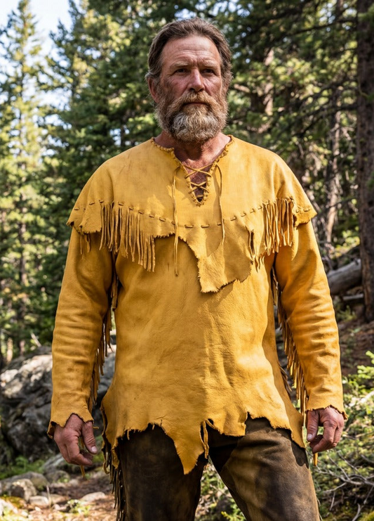Man wearing a yellow fringed shirt in a forest setting