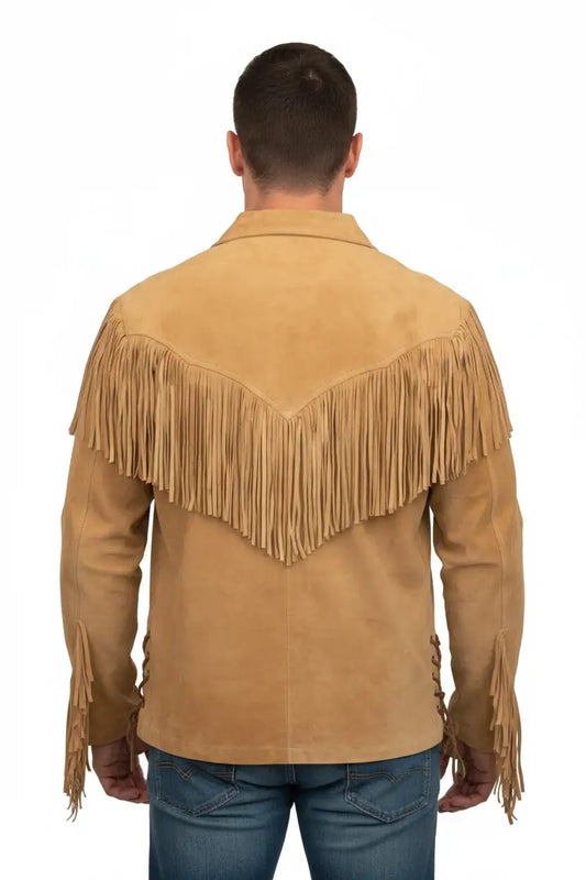 Back view of a man wearing a tan buckskin suede double fringe western jacket by Zhim Leather Creations