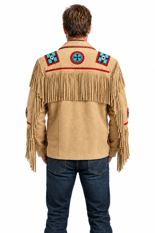 Back View: Back view of men's western fringe suede jacket showing back yoke beadwork and full fringe trim