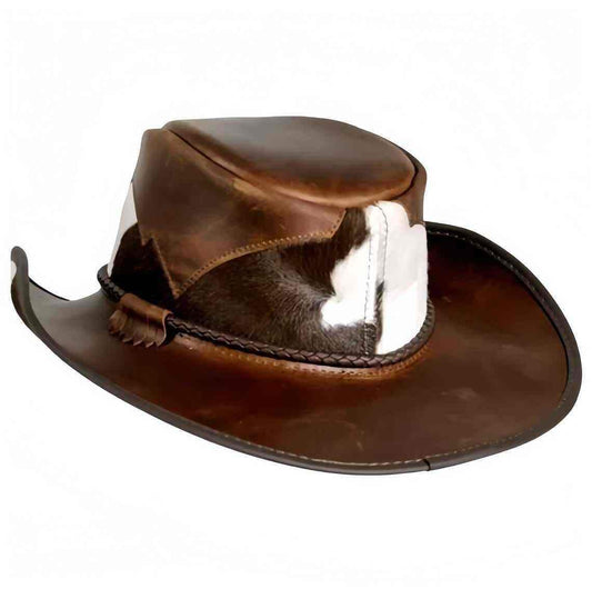 Brown distressed leather cowboy hat with cowhide hair-on panel and braided cord by ZHIM LEATHER CREATIONS