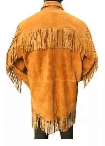 Back view of a tan genuine leather Mountain Man shirt with fringe by Zhim Leather Creations.