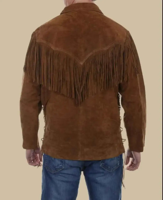 Back view of Men's Leather Buckskin Shirt Mountain Man by Zhim Leather Creations in brown suede