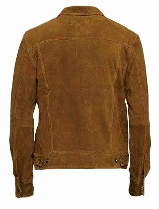 Back view of a brown Men's Leather Buckskin Mountain Man Shirt by Zhim Leather Creations