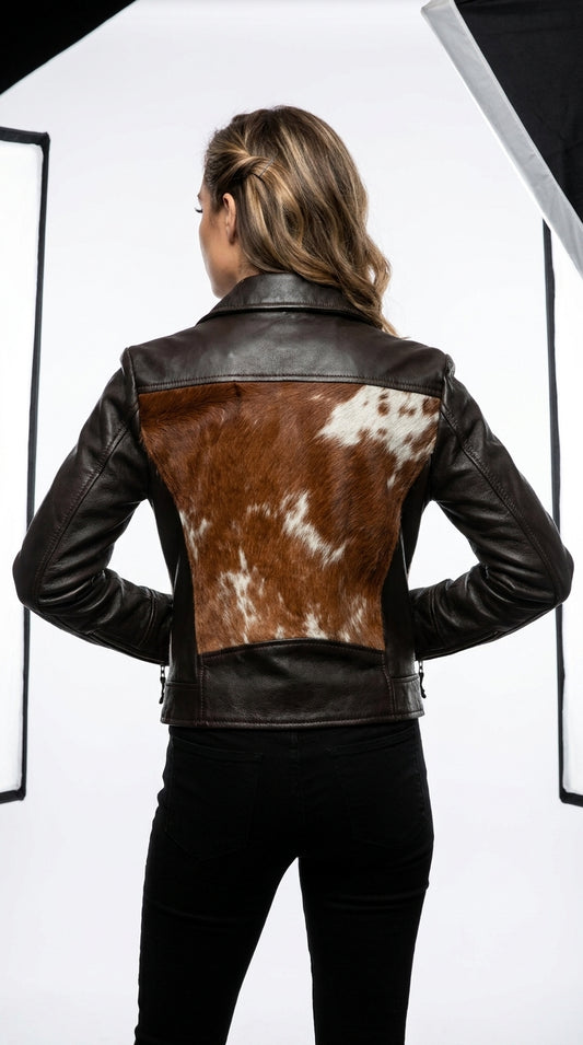 Women's Genuine Cowhide Ponyhair Leather Jacket – Brown & White Patchwork Hair On Hide Coat