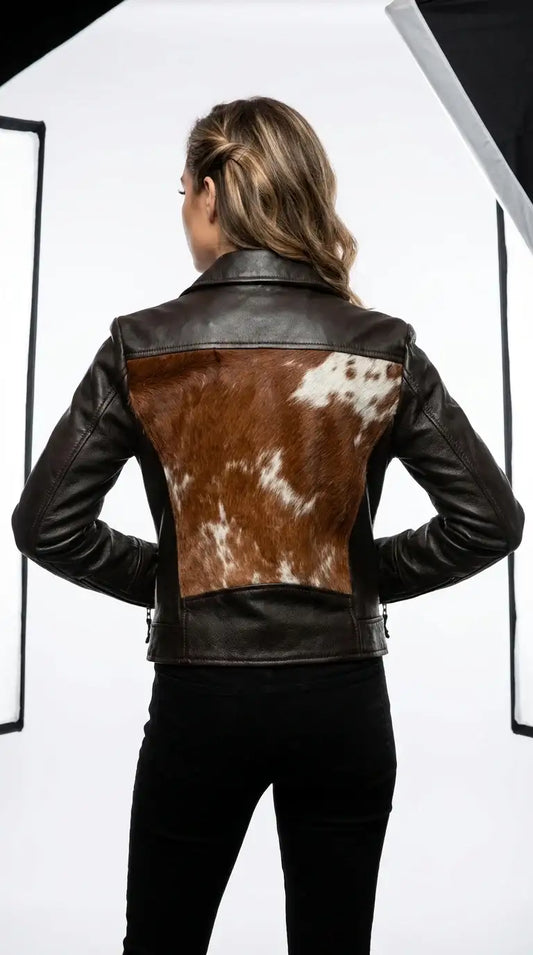 Back view of Zhim Leather Creations women's brown and white cowhide patchwork ponyhair jacket.