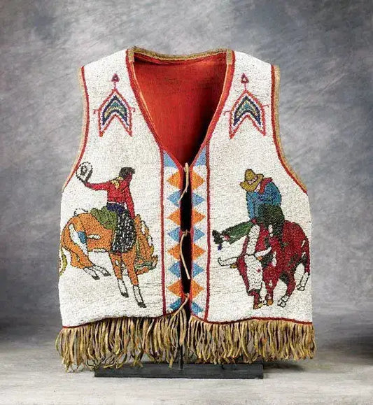 Zhim Leather Creations handmade beaded powwow regalia vest with rodeo scenes and fringe
