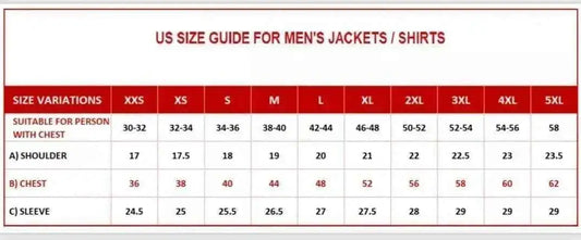 US size guide chart for men's jackets and shirts by Zhim Leather Creations