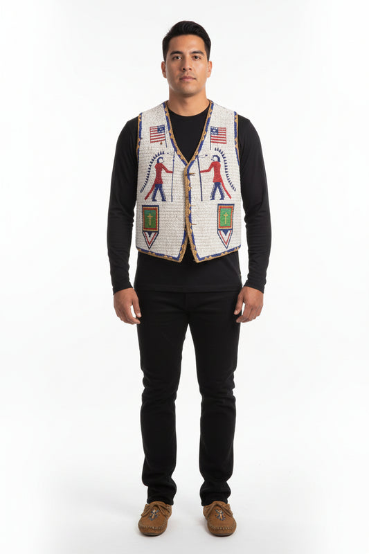Decorative vest with American flags, figures, and symbols on a white background