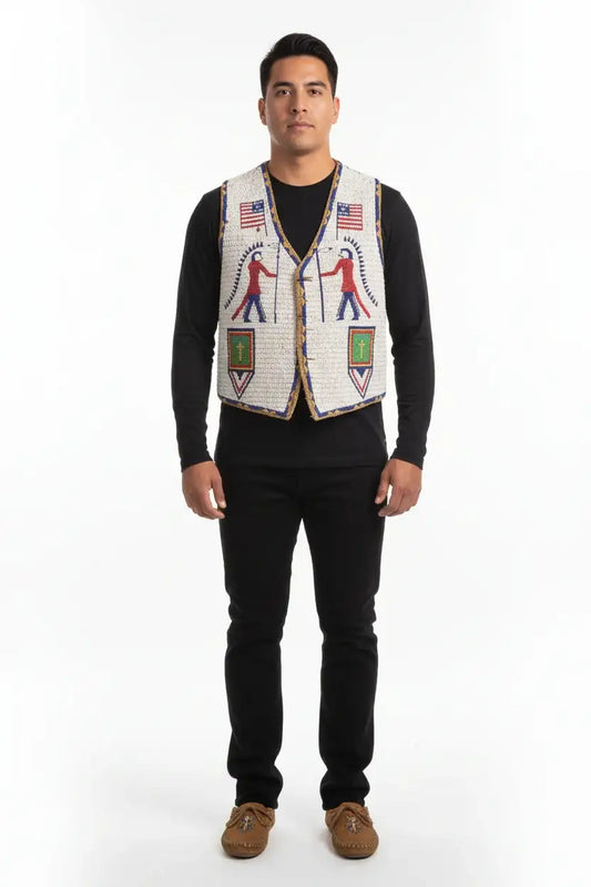 Man wearing a handmade Sioux style fully beaded Powwow regalia vest by Zhim Leather Creations.