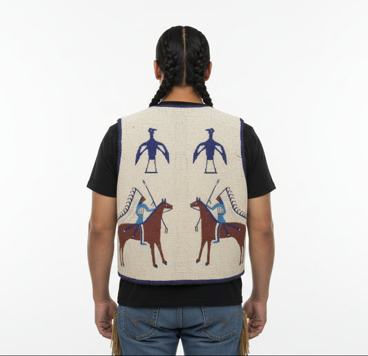 Vest with embroidered designs of people on horseback on a white background
