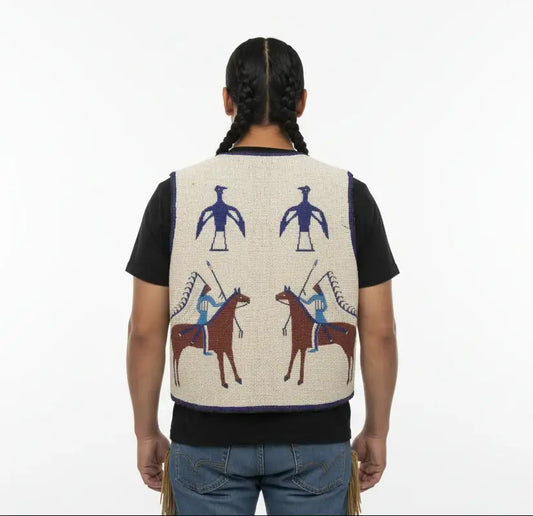 Back view of a handmade Sioux style beaded powwow regalia vest with bird and horse motifs