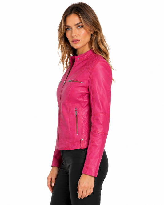 Side view of Women’s Fuchsia Pink Leather Biker Jacket – Slim Fit Moto Style Zip-Up with Quilted Shoulders