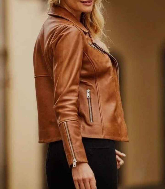 Women's tan leather fringe fashion jacket by Zhim Leather Creations