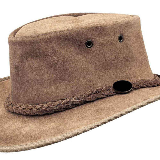 Stone suede outback hat with a braided leather band and oval clasp.
