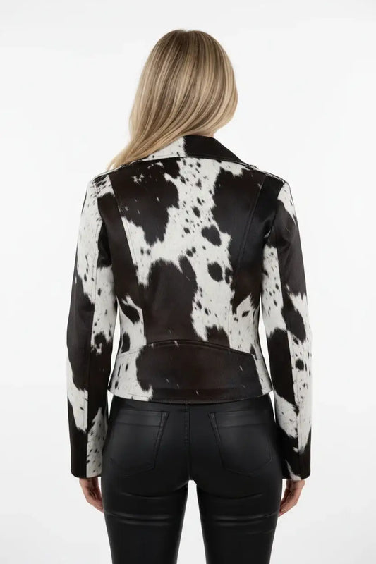 Back view of a Zhim Leather Creations women's cowhide ponihair jacket in black and white.