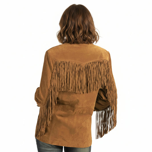 Brown suede jacket with fringes on a white background