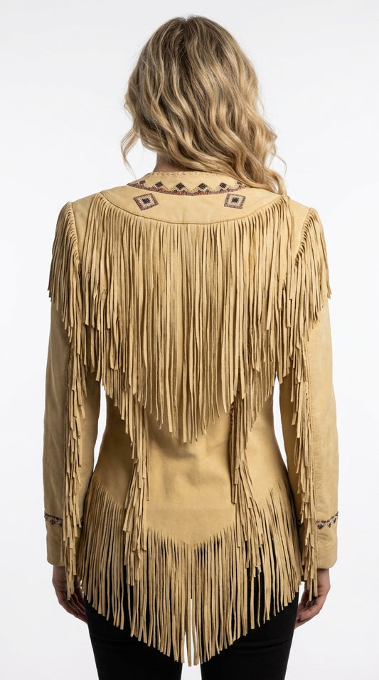 Beige fringed jacket worn by a person on a white background