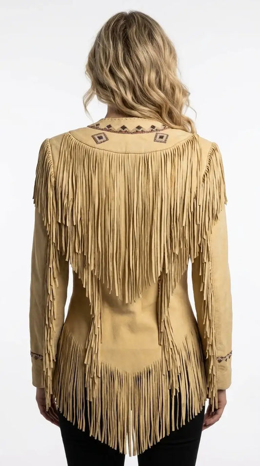Back view of Zhim Leather Creations women's tan suede fringe cowboy jacket with beadwork.