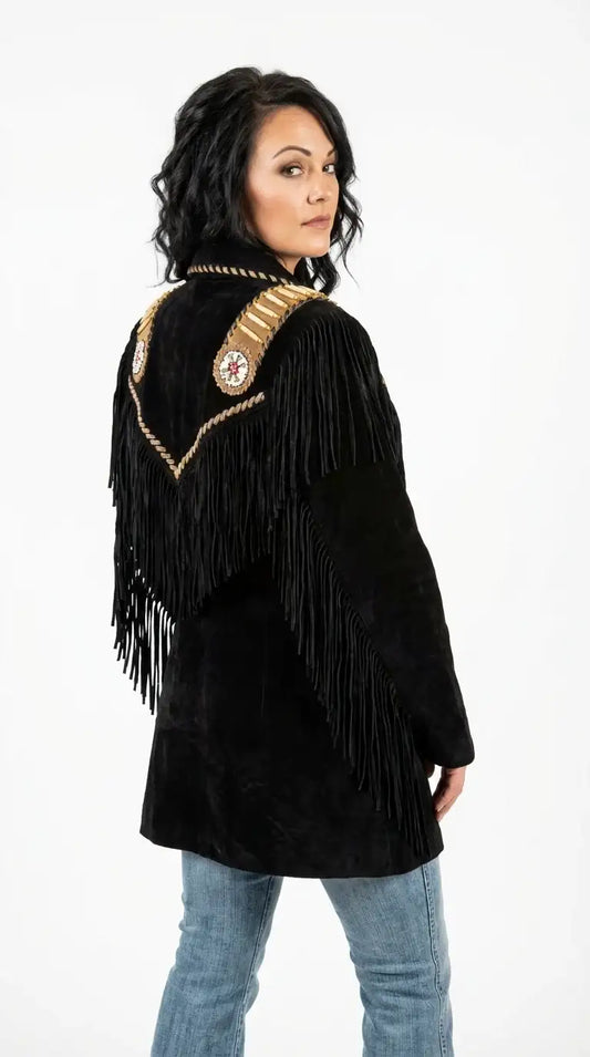 Woman wearing a Zhim Leather Creations black suede western fringe jacket with beaded details.