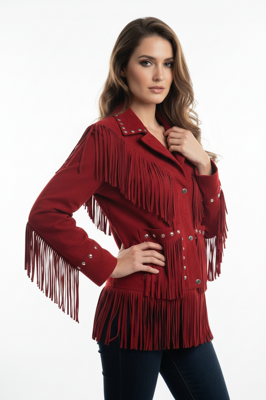 Woman wearing a red fringed jacket on a white background