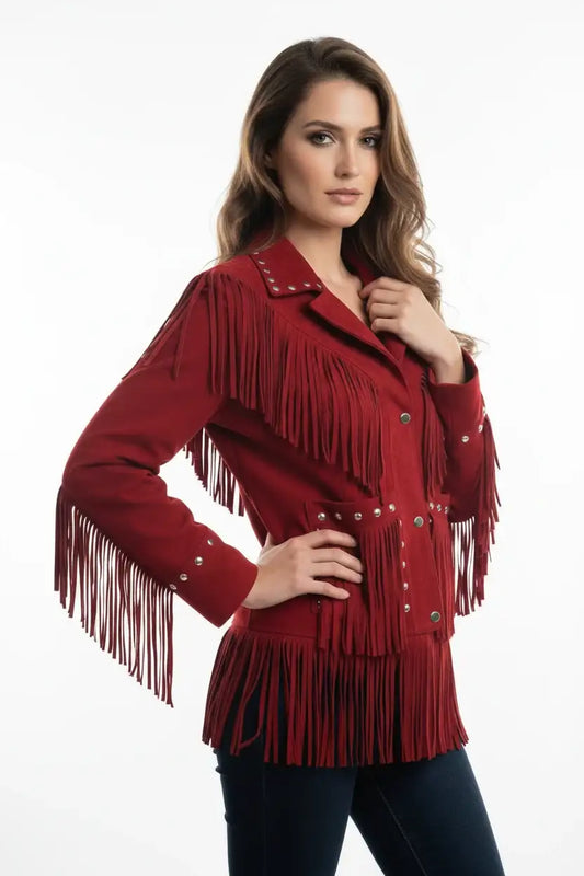 Woman wearing a red suede fringe jacket with bead detailing by Zhim Leather Creations