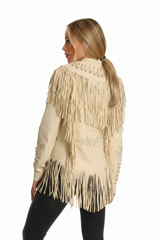 Women's western fringe suede jacket in cream — back view showing full fringe cascade, star stud yoke detailing and sleeve rivets