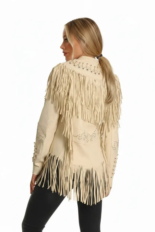 Back view of a women's ivory cream Western fringe leather jacket with silver star studs.
