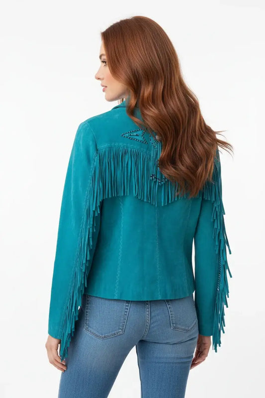 Women's blue suede fringe jacket with beadwork by Zhim Leather Creations