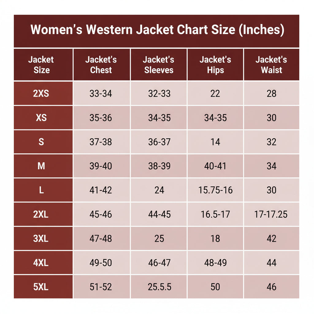 Chart showing women's western jacket size measurements in inches.